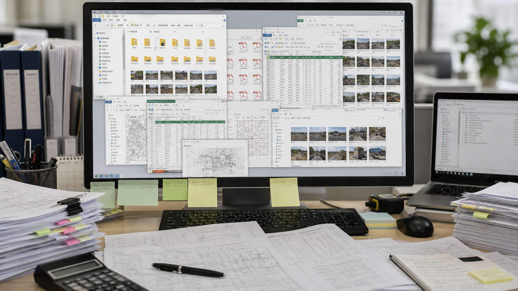 Excel、PDF、写真、フォルダが混在するAI導入前の業務整理イメージ