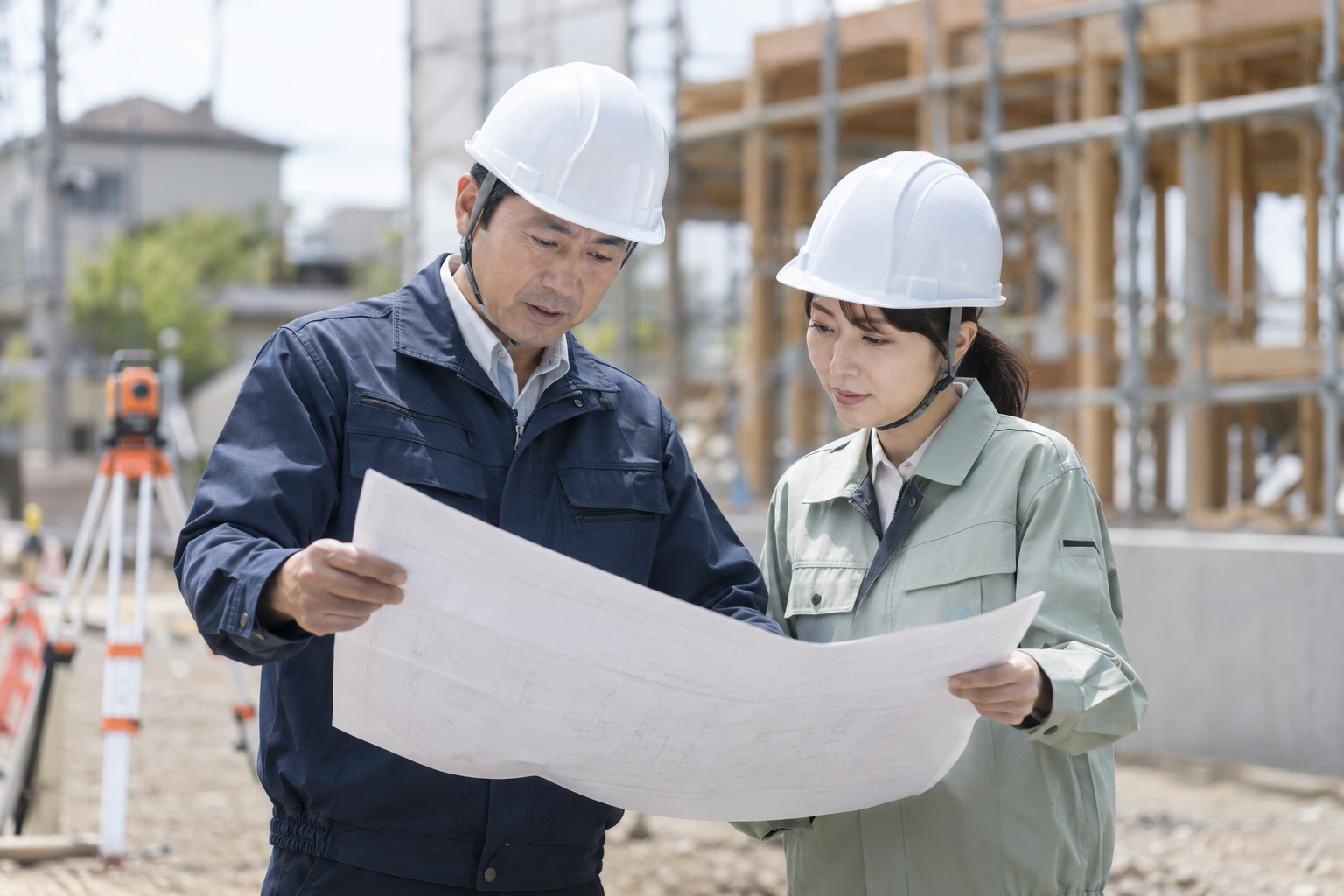 建設現場で図面を確認する技術職のイメージ
