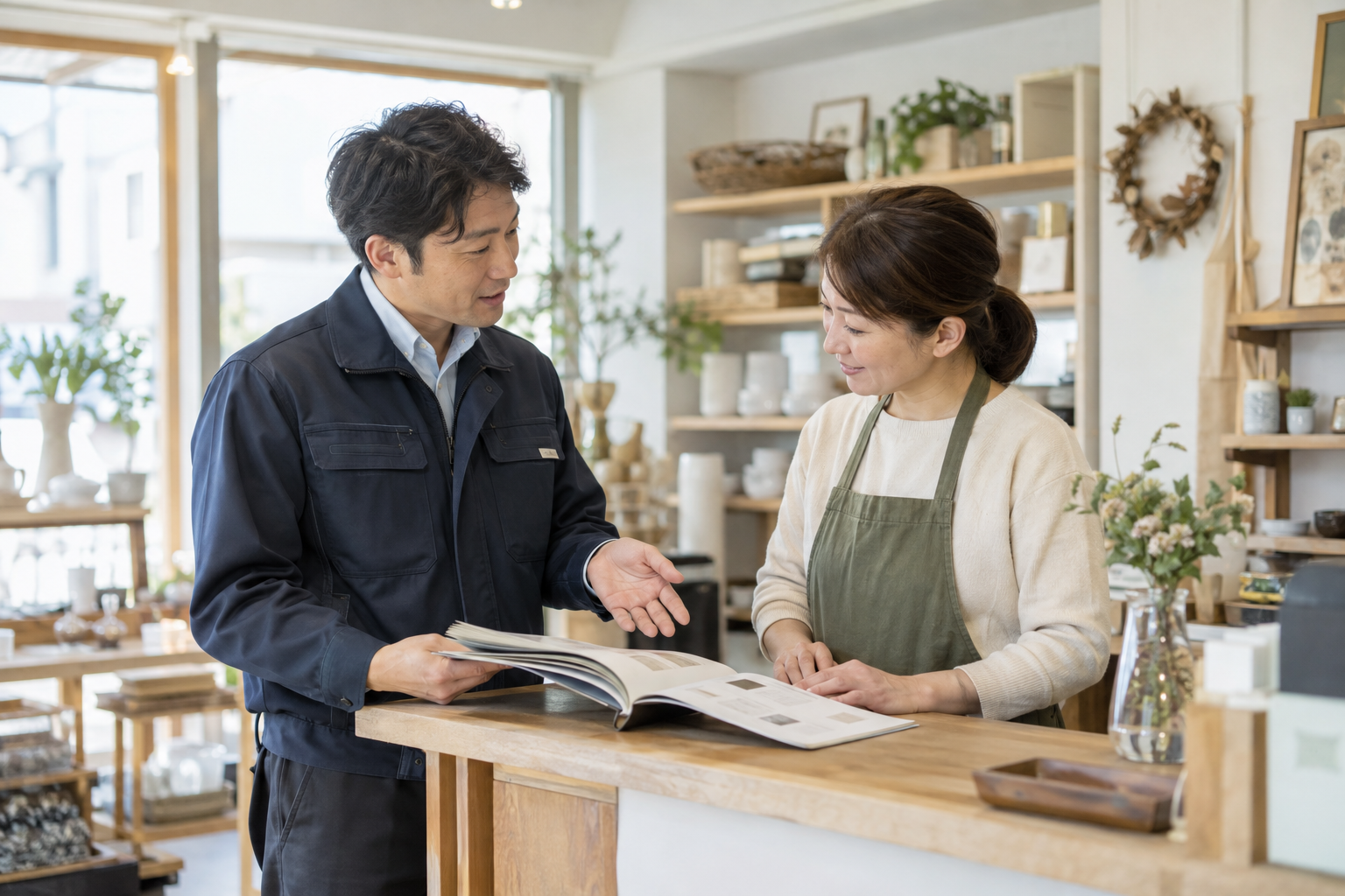 取引先で資料を見ながら商談する営業担当者のイメージ